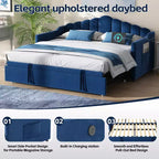 Lit de repos capitonné pour lit jumeau avec lit gigogne escamotable à hauteur réglable, canapé-lit extensible avec port de charge et poches latérales pour chambre à coucher, bleu