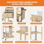 Chariot de barbecue multifonction COZONY pour terrasse avec dessus en acier inoxydable - Table de préparation roulante en bois dur, armoire de rangement et étagères, chariot de cuisine portable