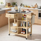 Chariot de barbecue multifonction COZONY pour terrasse avec dessus en acier inoxydable - Table de préparation roulante en bois dur, armoire de rangement et étagères, chariot de cuisine portable