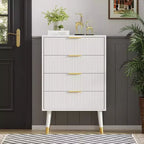 Commode haute à 4 tiroirs, commode en bois cannelé avec poignées dorées, armoire de rangement verticale pour chambre à coucher, salon