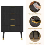Commode haute à 4 tiroirs, commode en bois cannelé avec poignées dorées, armoire de rangement verticale pour chambre à coucher, salon