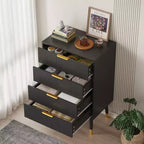Commode haute à 4 tiroirs, commode en bois cannelé avec poignées dorées, armoire de rangement verticale pour chambre à coucher, salon