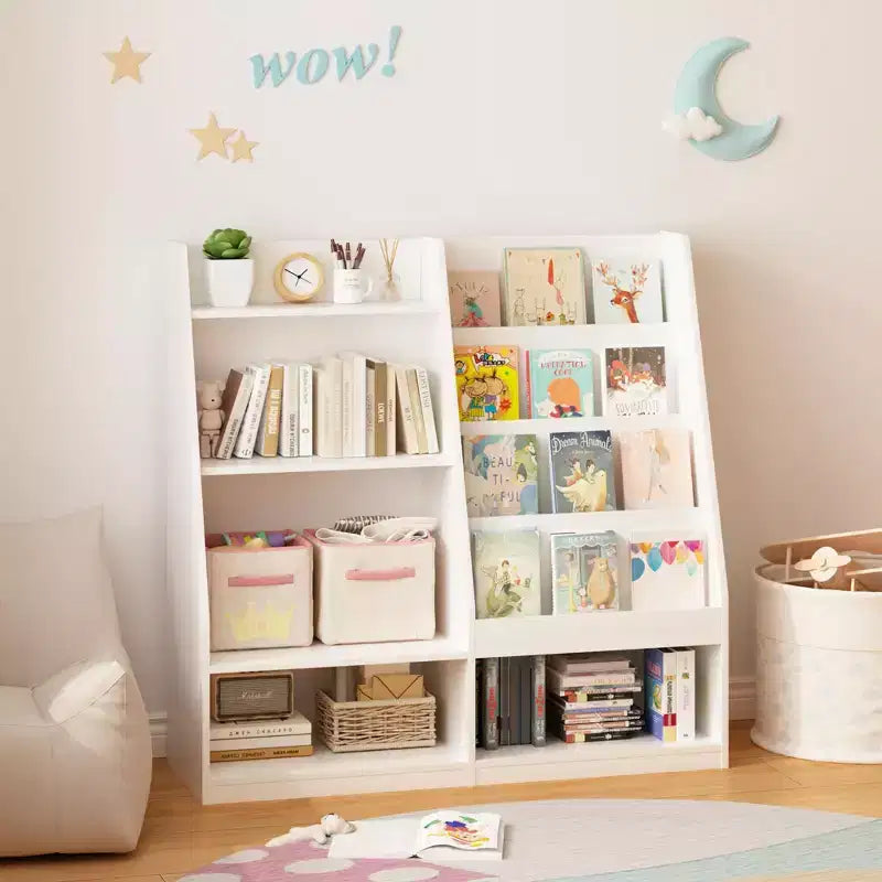 Kids Bookshelf and Toy Storage Organizer, 4-Tier Wooden Book Display Shelf for Playroom or Nursery, White