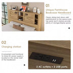 MAYEERTY Chambre complète 3 pièces avec tête de lit de rangement à portes coulissantes doubles, table de chevet de rangement avec station de recharge et commode pour chambre à coucher Naturel