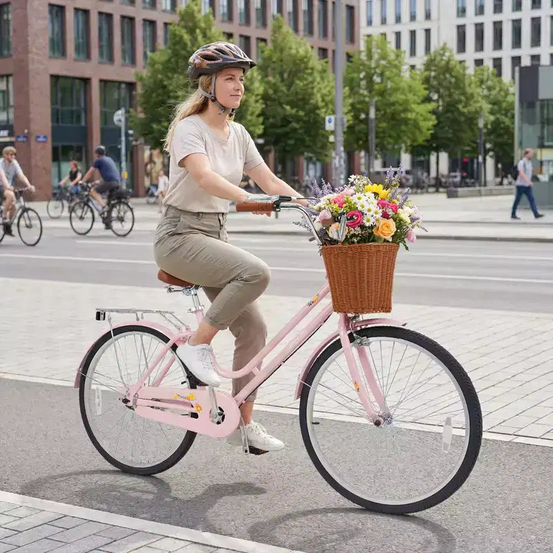 Vélo de plage Gymax 26 pouces avec selle réglable, panier tressé et porte-bagages arrière