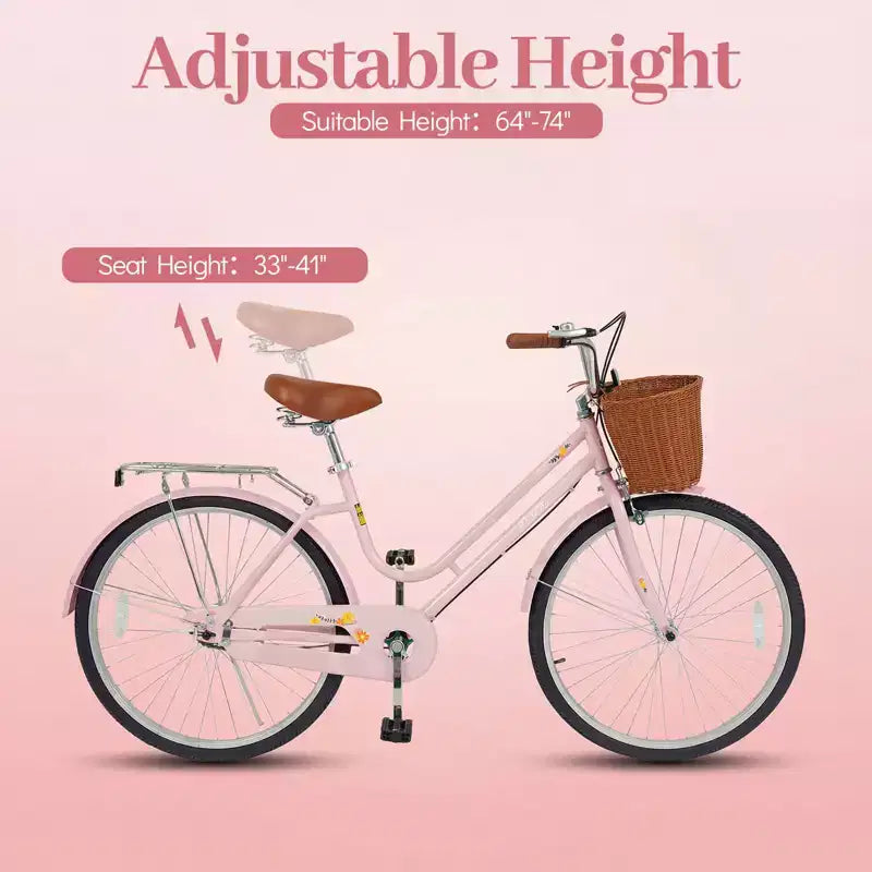Vélo de plage Gymax 26 pouces avec selle réglable, panier tressé et porte-bagages arrière