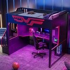 Lit mezzanine gamer pleine grandeur avec bureau intégré, escalier de rangement, lumières LED 7 couleurs et chargement USB, Rouge+Noir - ModernLuxe