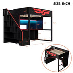 Lit mezzanine gamer pleine grandeur avec bureau intégré, escalier de rangement, lumières LED 7 couleurs et chargement USB, Rouge+Noir - ModernLuxe
