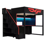 Lit mezzanine gamer pleine grandeur avec bureau intégré, escalier de rangement, lumières LED 7 couleurs et chargement USB, Rouge+Noir - ModernLuxe