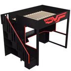 Lit mezzanine gamer pleine grandeur avec bureau intégré, escalier de rangement, lumières LED 7 couleurs et chargement USB, Rouge+Noir - ModernLuxe