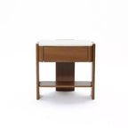 LuxenHome Faux Travertine Nightstand with Drawer and Open Shelf, MDF Wood Accent Side Table Brown
