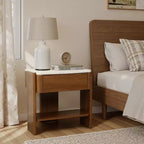 Table de chevet LuxenHome en faux travertin avec tiroir et étagère ouverte, table d'appoint en bois MDF marron