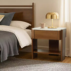 Table de chevet LuxenHome en faux travertin avec tiroir et étagère ouverte, table d'appoint en bois MDF marron