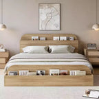 Cadre de lit. Lits en bois avec tête de lit de rangement et pied de lit surélevé. Lit plateforme bas pour chambre à coucher