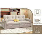 MooxvMoo Canapé-lit 2 places avec lit gigogne, poches et USB, style moderne, pour salon, beige, 73 Queen Size
