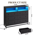 Commode 6 tiroirs avec station de charge et lumières LED Meuble TV long en bois pour chambre, salon ou entrée