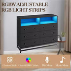 Commode 6 tiroirs avec station de charge et lumières LED Meuble TV long en bois pour chambre, salon ou entrée