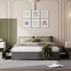 Cadre de lit plateforme King Size avec 4 tiroirs de rangement et tête de lit rembourrée en lin, support à lattes en bois, pas besoin de sommier tapissier, assemblage facile, gris foncé