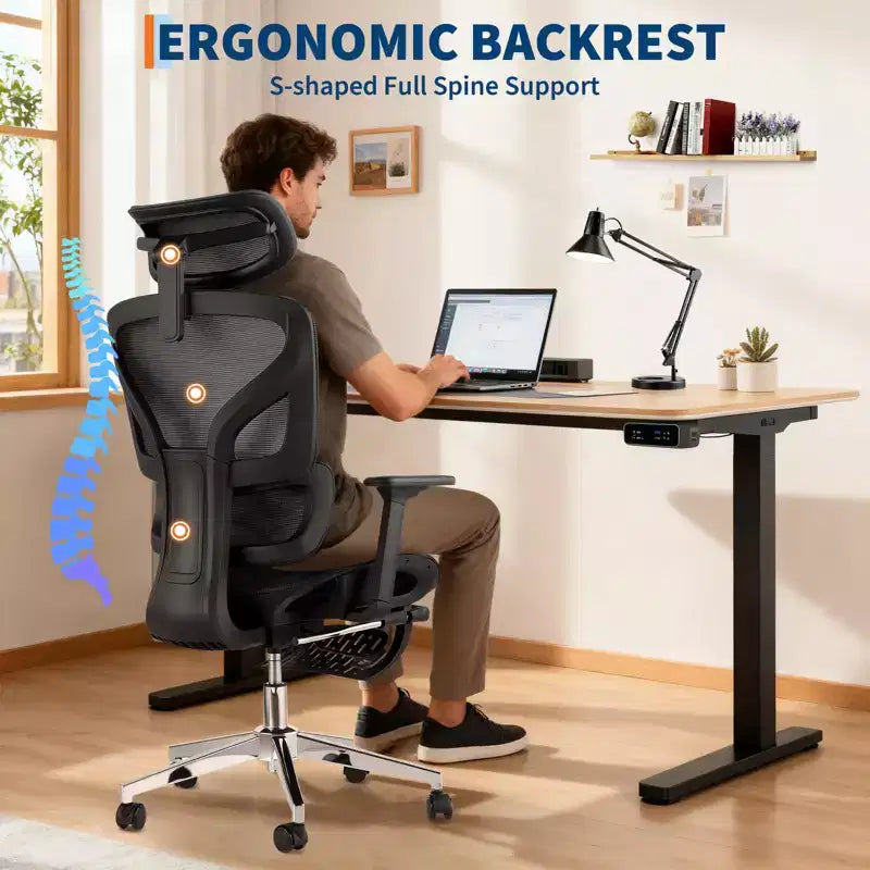 Chaise de bureau ergonomique, chaise de bureau confortable avec support lombaire haut et accoudoirs réglables en 3D, chaise pivotante pour le travail, les études, les jeux