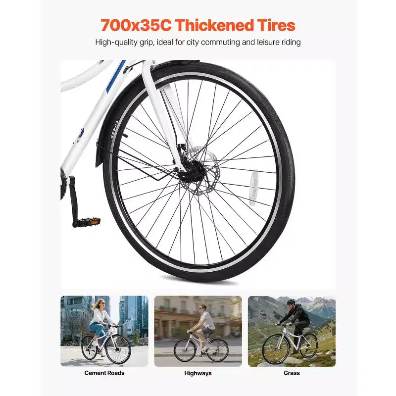 Vélo hybride VEVOR, cadre léger en aluminium, vélo hybride pour hommes et femmes avec roues de 700c, vélos de ville urbains à enjambement bas pour adultes, blanc