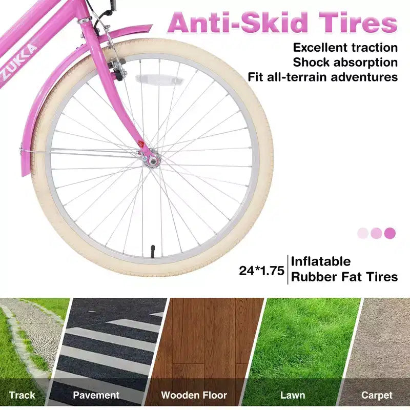 NAYSAYE Vélo de ville hybride pour filles de 24 pouces, pour les 7-10 ans et plus, avec panier en osier et porte-bagages arrière, vélos pour enfants