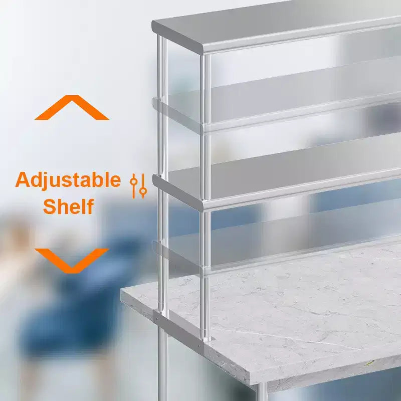 Étagère de Rangement de Cuisine Double Couche en Acier Inoxydable, Étagère de Rangement Commerciale Réglable à 2 Niveaux, Convient aux Tables de Préparation Alimentaire et aux Plans de Travail de Cuisine