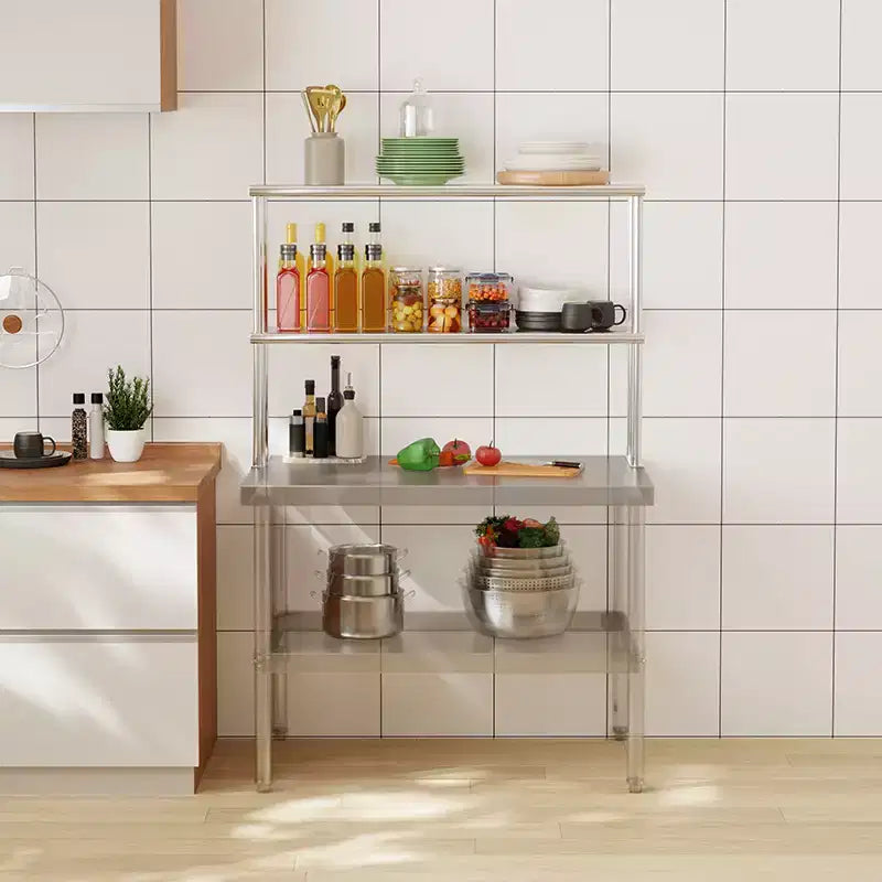 Étagère de Rangement de Cuisine Double Couche en Acier Inoxydable, Étagère de Rangement Commerciale Réglable à 2 Niveaux, Convient aux Tables de Préparation Alimentaire et aux Plans de Travail de Cuisine