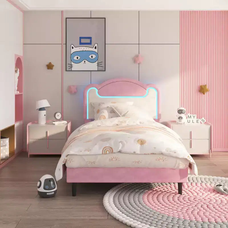 Cadre de lit double rembourré avec tête de lit en tissu, lit plateforme Princesse pour filles avec lattes en bois, aucun sommier tapissier requis