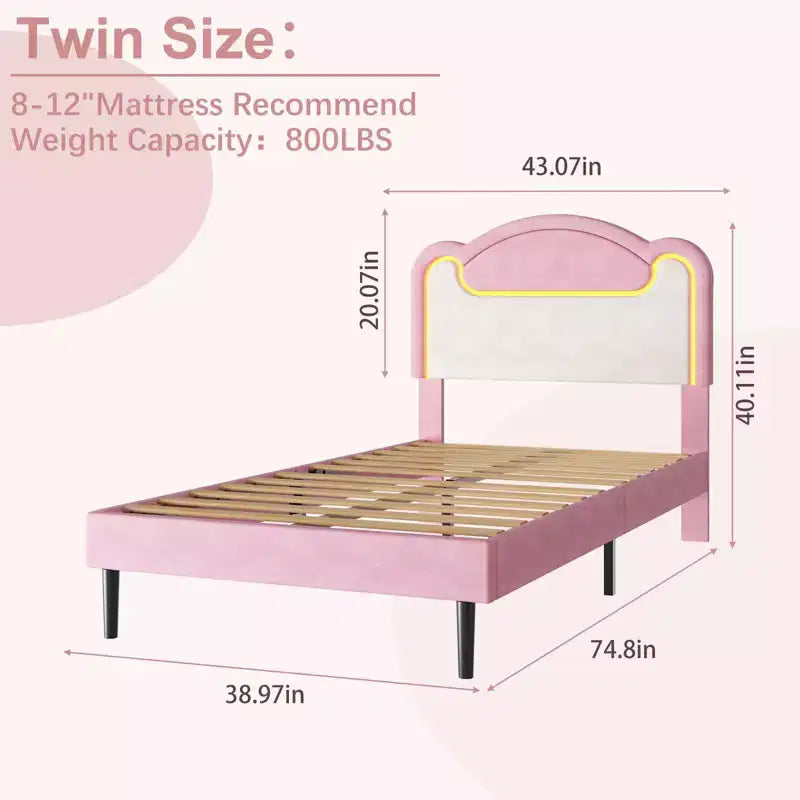 Cadre de lit double rembourré avec tête de lit en tissu, lit plateforme Princesse pour filles avec lattes en bois, aucun sommier tapissier requis