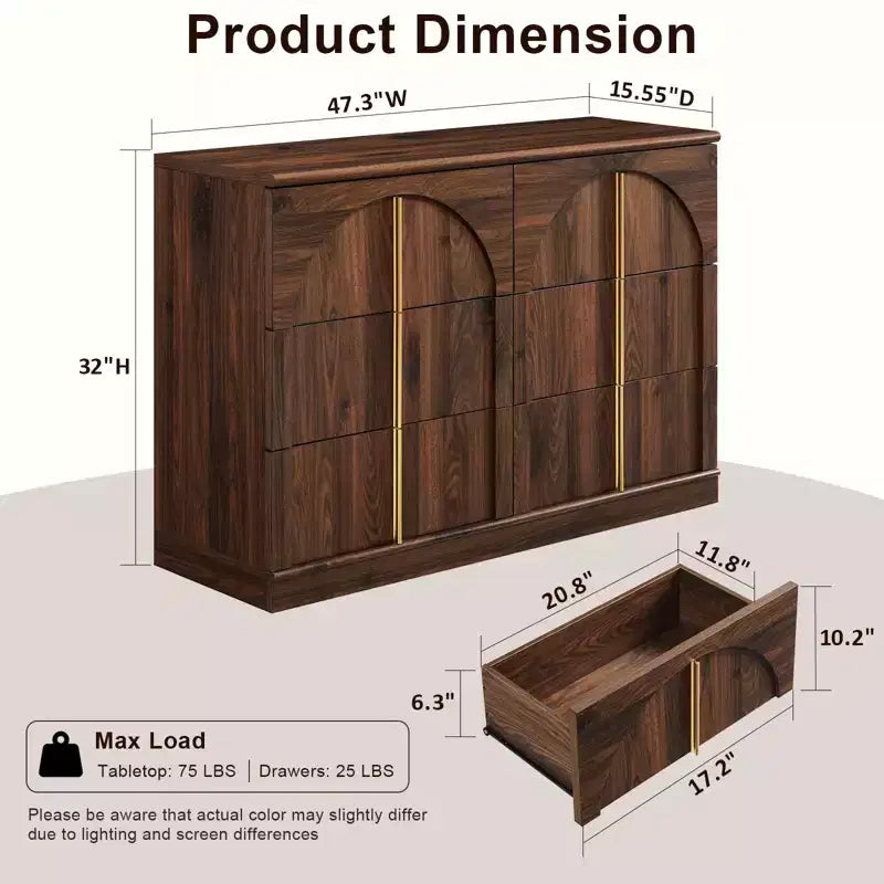 Commode de chambre à 6 tiroirs, 120 cm de large, en bois avec poignées en métal, organiseur de rangement moderne pour chambre à coucher, salon, couloir