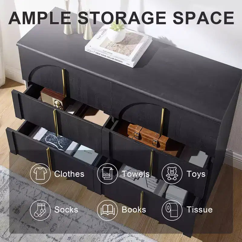 Commode de chambre à 6 tiroirs, 120 cm de large, en bois avec poignées en métal, organiseur de rangement moderne pour chambre à coucher, salon, couloir