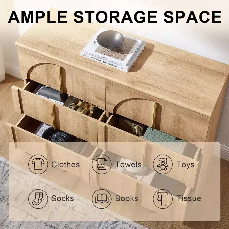 Commode de chambre à 6 tiroirs, 120 cm de large, en bois avec poignées en métal, organiseur de rangement moderne pour chambre à coucher, salon, couloir