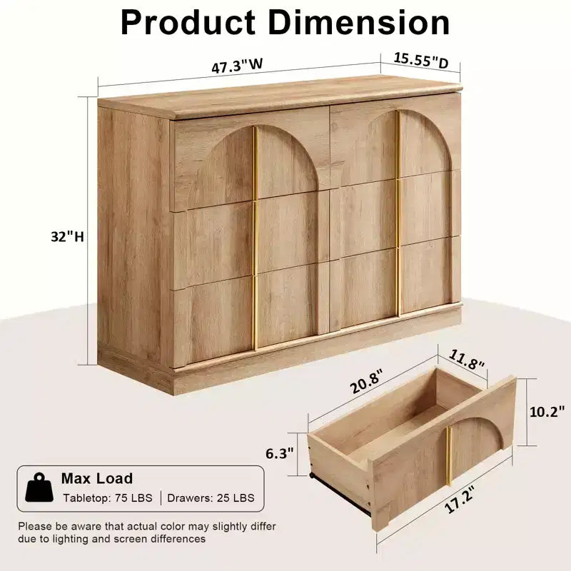 Commode de chambre à 6 tiroirs, 120 cm de large, en bois avec poignées en métal, organiseur de rangement moderne pour chambre à coucher, salon, couloir