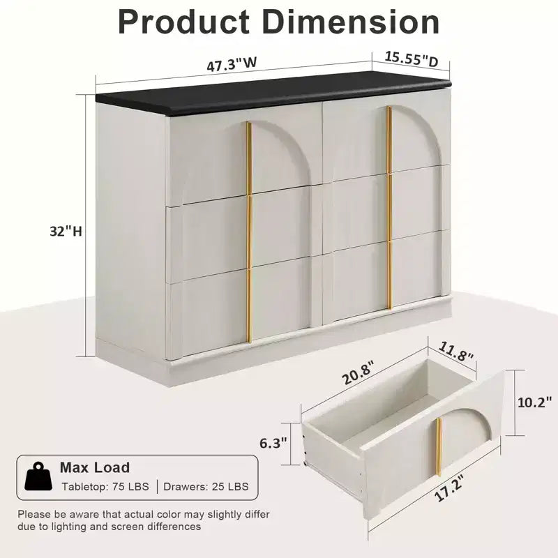 Commode de chambre à 6 tiroirs, 120 cm de large, en bois avec poignées en métal, organiseur de rangement moderne pour chambre à coucher, salon, couloir
