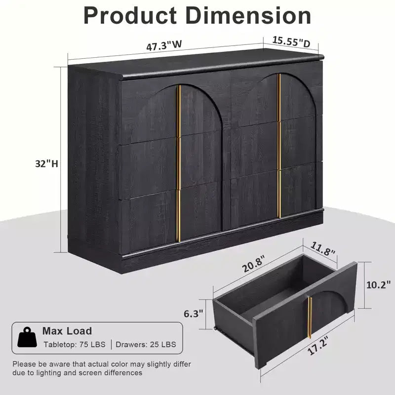 Commode de chambre à 6 tiroirs, 120 cm de large, en bois avec poignées en métal, organiseur de rangement moderne pour chambre à coucher, salon, couloir