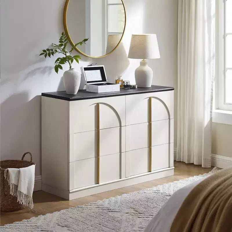 Commode de chambre à 6 tiroirs, 120 cm de large, en bois avec poignées en métal, organiseur de rangement moderne pour chambre à coucher, salon, couloir