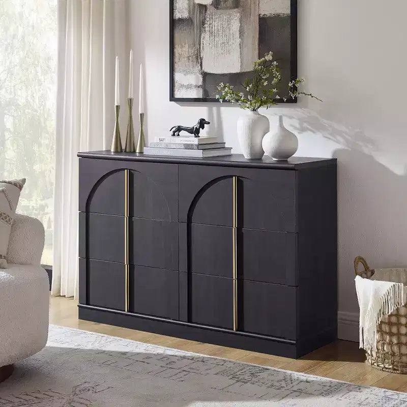 Commode de chambre à 6 tiroirs, 120 cm de large, en bois avec poignées en métal, organiseur de rangement moderne pour chambre à coucher, salon, couloir