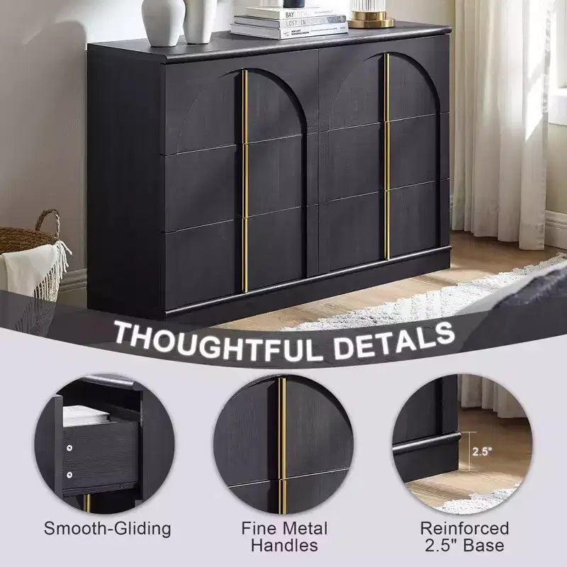 Commode de chambre à 6 tiroirs, 120 cm de large, en bois avec poignées en métal, organiseur de rangement moderne pour chambre à coucher, salon, couloir