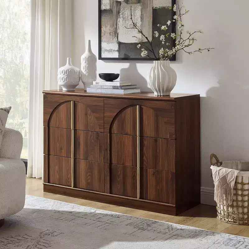 Commode de chambre à 6 tiroirs, 120 cm de large, en bois avec poignées en métal, organiseur de rangement moderne pour chambre à coucher, salon, couloir