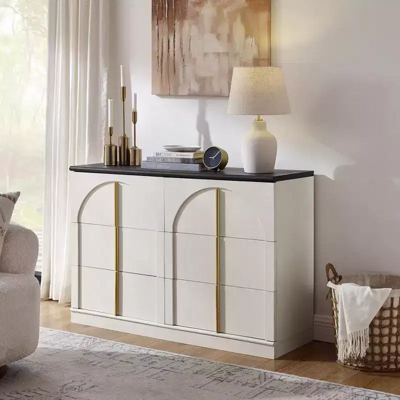 Commode de chambre à 6 tiroirs, 120 cm de large, en bois avec poignées en métal, organiseur de rangement moderne pour chambre à coucher, salon, couloir