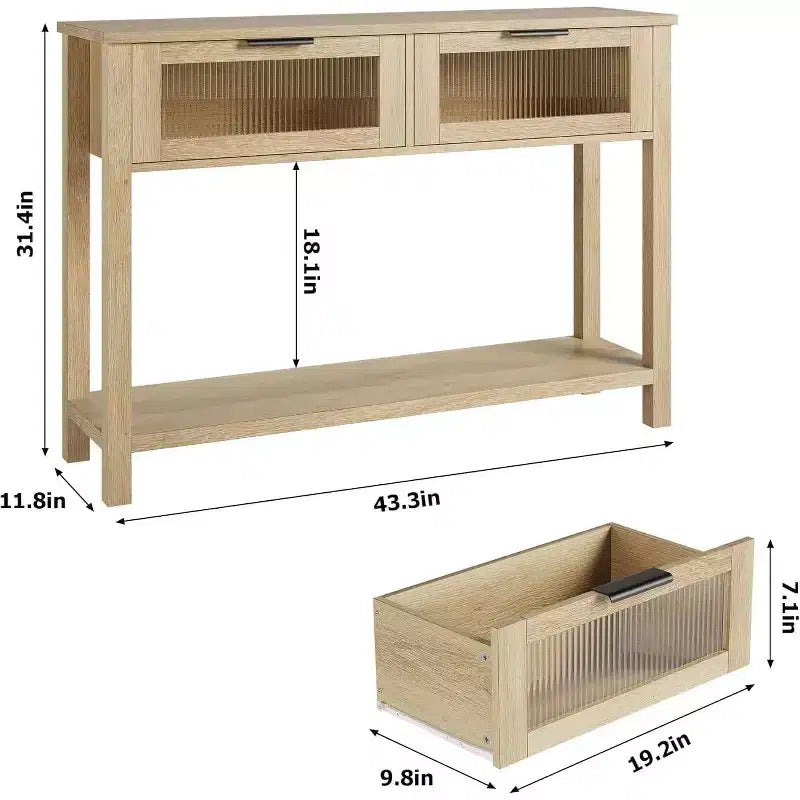 Console de salon en bois CuisinSmart, table de canapé à 2 niveaux avec 2 tiroirs en verre et étagère ouverte, idéale pour le salon et l'entrée, Chêne