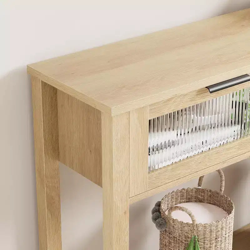 Console de salon en bois CuisinSmart, table de canapé à 2 niveaux avec 2 tiroirs en verre et étagère ouverte, idéale pour le salon et l'entrée, Chêne