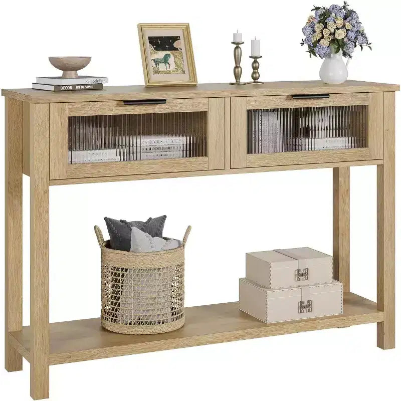 Console de salon en bois CuisinSmart, table de canapé à 2 niveaux avec 2 tiroirs en verre et étagère ouverte, idéale pour le salon et l'entrée, Chêne