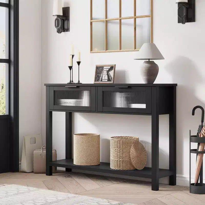 Console de salon en bois CuisinSmart, table de canapé à 2 niveaux avec 2 tiroirs en verre et étagère ouverte, idéale pour le salon et l'entrée, Chêne