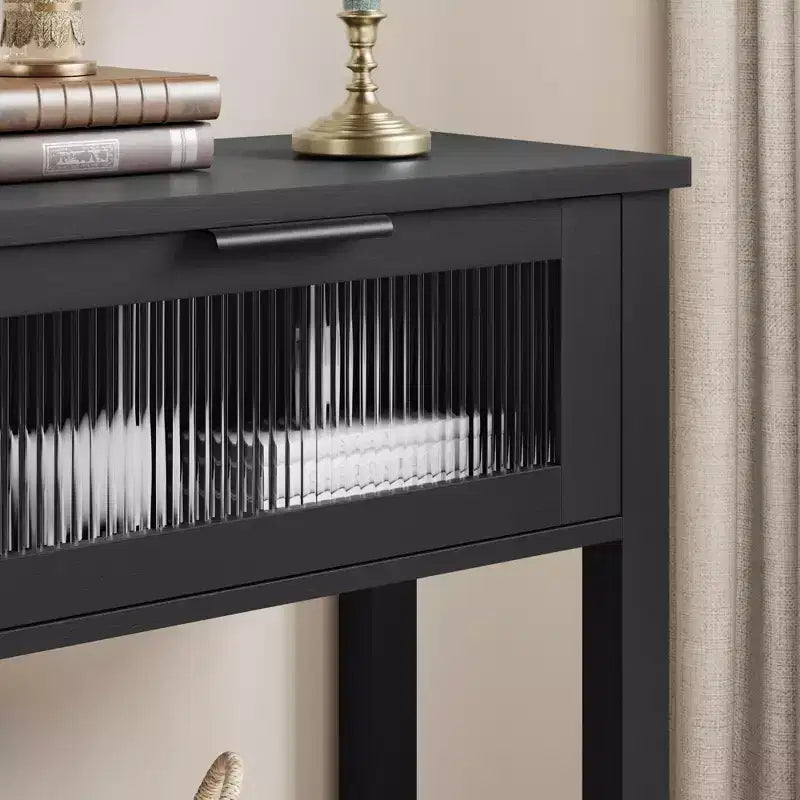 Console de salon en bois CuisinSmart, table de canapé à 2 niveaux avec 2 tiroirs en verre et étagère ouverte, idéale pour le salon et l'entrée, Chêne