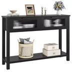 Console de salon en bois CuisinSmart, table de canapé à 2 niveaux avec 2 tiroirs en verre et étagère ouverte, idéale pour le salon et l'entrée, Chêne