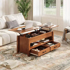 Table basse en bois relevable 120 cm, 2 tiroirs de rangement, compartiment caché, hauteur réglable, gain de place, style ferme moderne