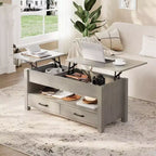 Table basse en bois relevable 120 cm, 2 tiroirs de rangement, compartiment caché, hauteur réglable, gain de place, style ferme moderne