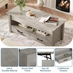 Table basse en bois relevable 120 cm, 2 tiroirs de rangement, compartiment caché, hauteur réglable, gain de place, style ferme moderne