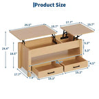 Table basse en bois relevable 120 cm, 2 tiroirs de rangement, compartiment caché, hauteur réglable, gain de place, style ferme moderne
